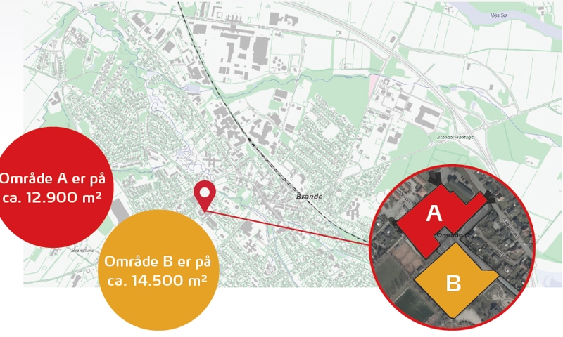 Kort med beskrivelse af udbudte storparceller på Præstelunden i Brande